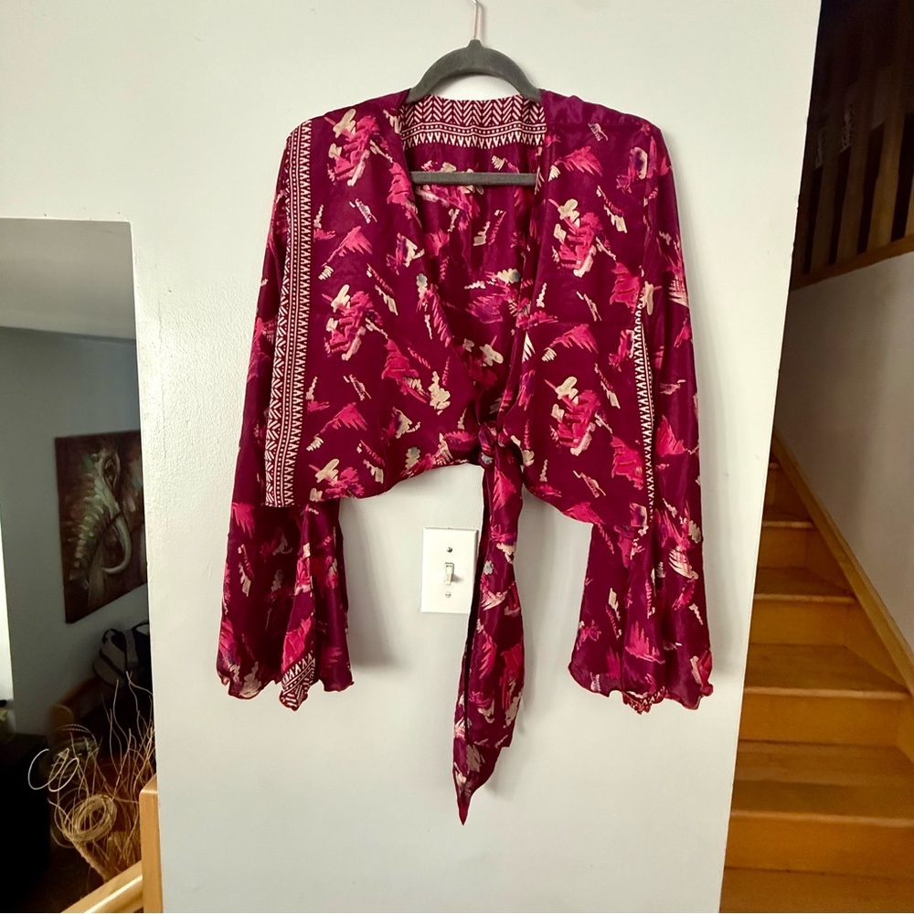 Vintage 100% Silk Sari Wrap Top ✦ Plum Whimsigoth Bell Sleeve Boho One-of-a-Kind